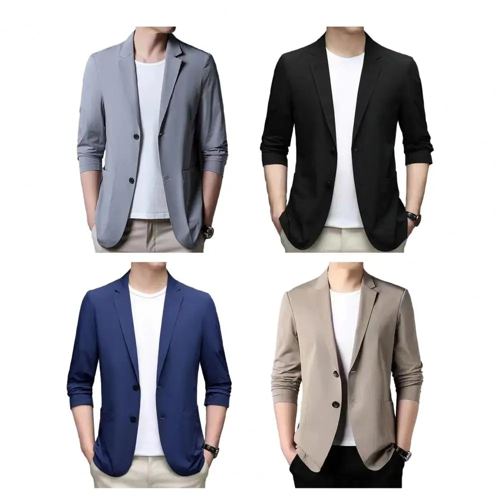 Men Thin Business Outerwear Lapel Long Sleeve Buttons Placket Suit Jacket with Pockets Solid Color Sun Protection Suit Coat