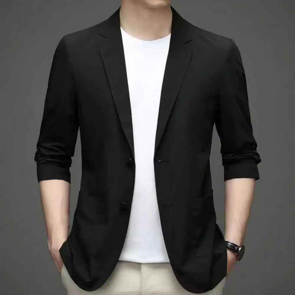 Men Thin Business Outerwear Lapel Long Sleeve Buttons Placket Suit Jacket with Pockets Solid Color Sun Protection Suit Coat