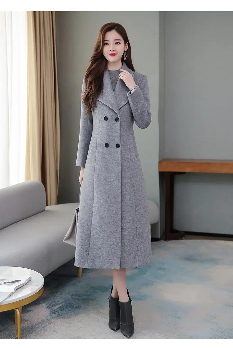 Elegant Coat Thickened Woolen Outerwear Waist Tight Autumn Winter Double Breasted Long Woolen Cardigan Cold Resistant