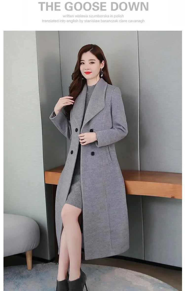 Elegant Coat Thickened Woolen Outerwear Waist Tight Autumn Winter Double Breasted Long Woolen Cardigan Cold Resistant