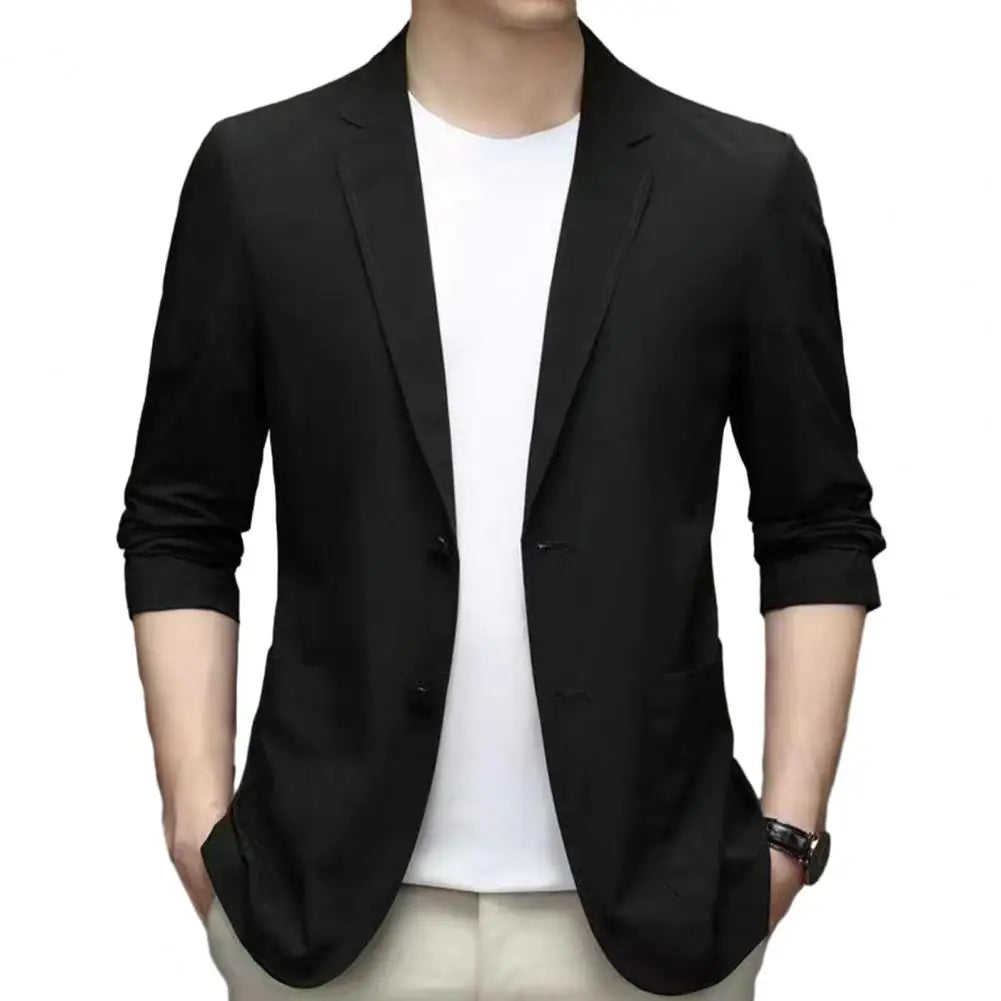 Men Thin Business Outerwear Lapel Long Sleeve Buttons Placket Suit Jacket with Pockets Solid Color Sun Protection Suit Coat