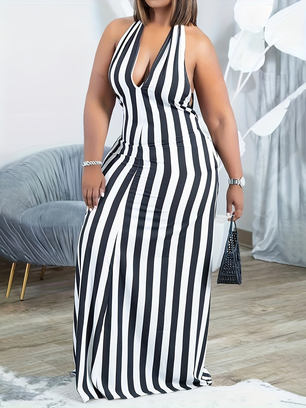 Striped V-neck Halter Dress, Sexy Backless Halter Dress For Spring & Summer, Women's Clothing