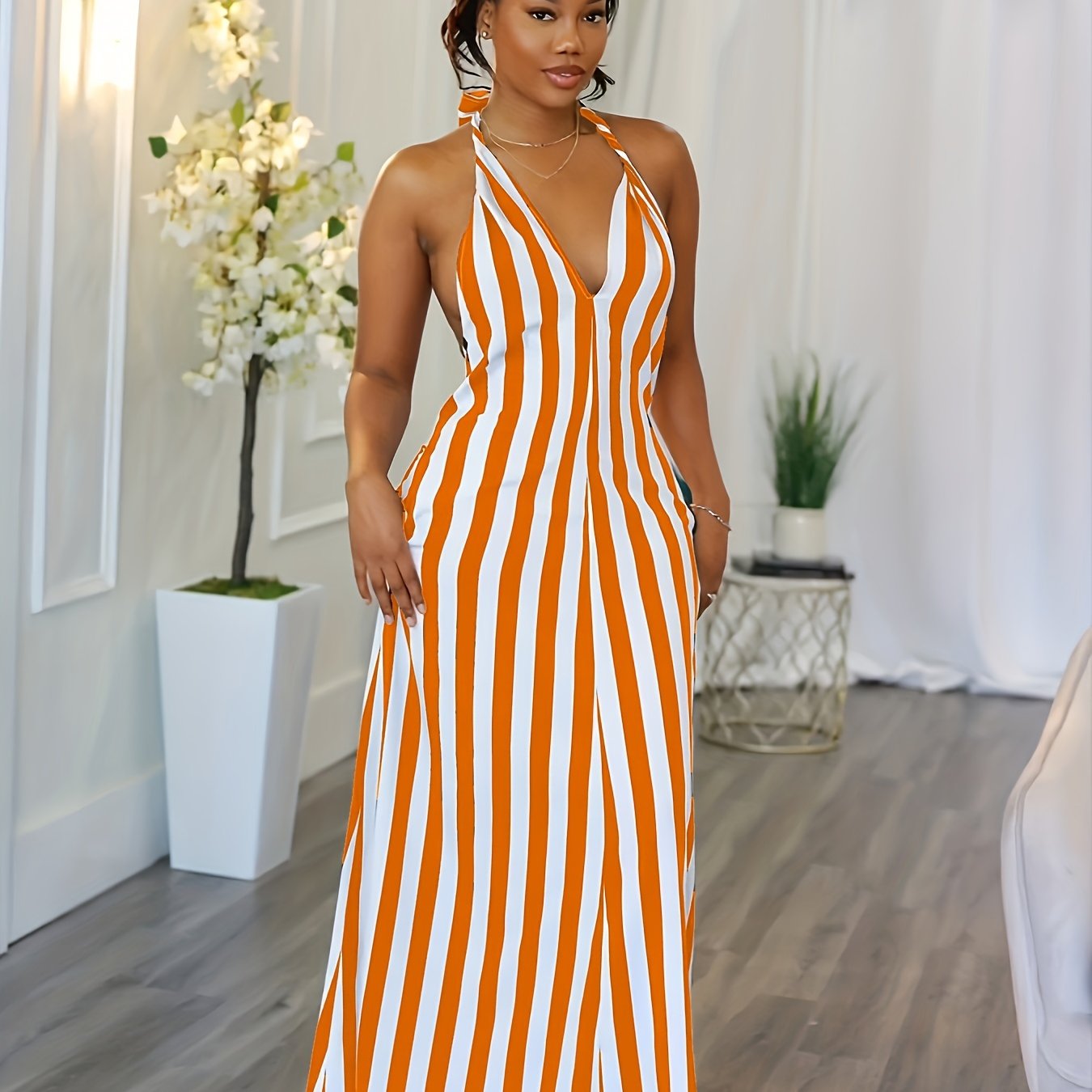 Striped V-neck Halter Dress, Sexy Backless Halter Dress For Spring & Summer, Women's Clothing