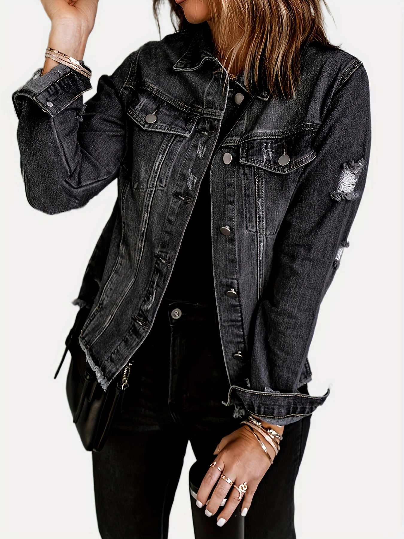 Black Raw Hem Denim Coats, Long Sleeves Flap Pockets Single-Breasted Button Ripped Denim Jackets, Women's Denim Clothing