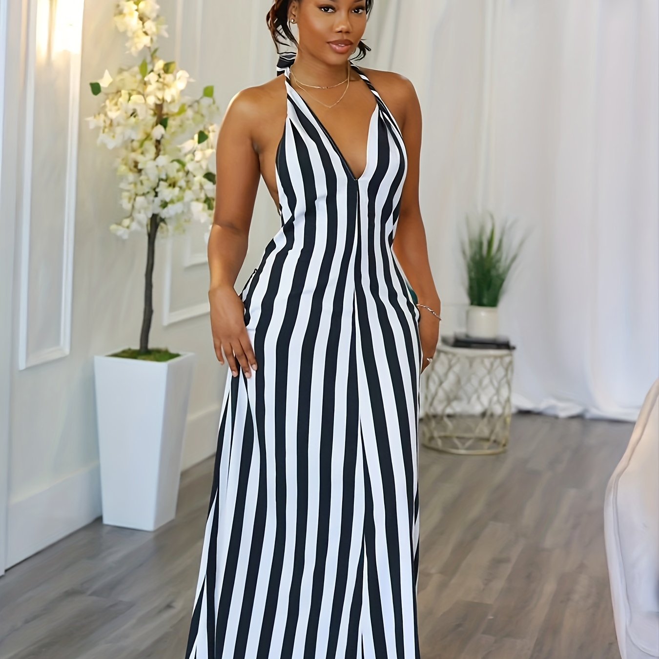 Striped V-neck Halter Dress, Sexy Backless Halter Dress For Spring & Summer, Women's Clothing