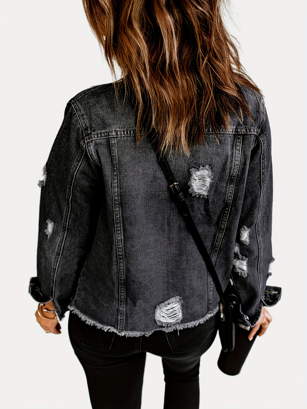 Black Raw Hem Denim Coats, Long Sleeves Flap Pockets Single-Breasted Button Ripped Denim Jackets, Women's Denim Clothing