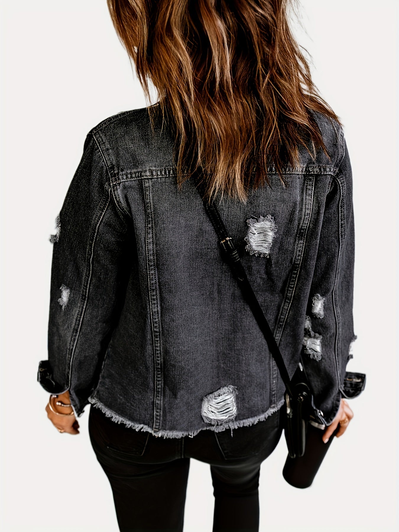 Black Raw Hem Denim Coats, Long Sleeves Flap Pockets Single-Breasted Button Ripped Denim Jackets, Women's Denim Clothing
