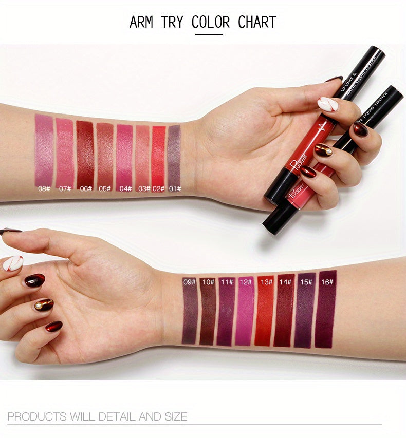 16-Color Double Ended Lip Gloss Stick - Smudge-Proof, Matte Velvet Texture, Long-Lasting, 2-in-1 Lip Liner and Lip Gloss Makeup - Perfect for Everyday Use