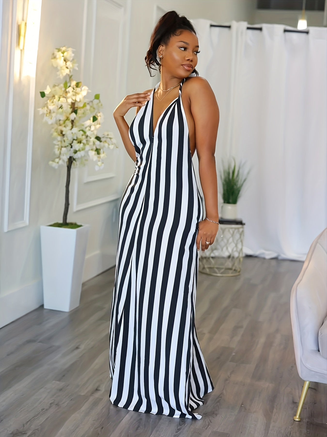 Striped V-neck Halter Dress, Sexy Backless Halter Dress For Spring & Summer, Women's Clothing