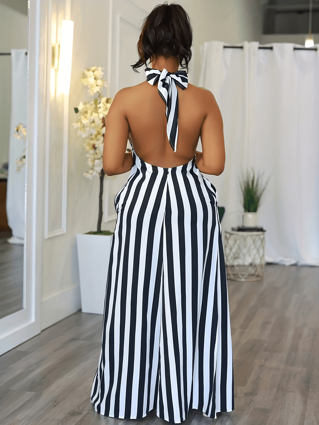 Striped V-neck Halter Dress, Sexy Backless Halter Dress For Spring & Summer, Women's Clothing