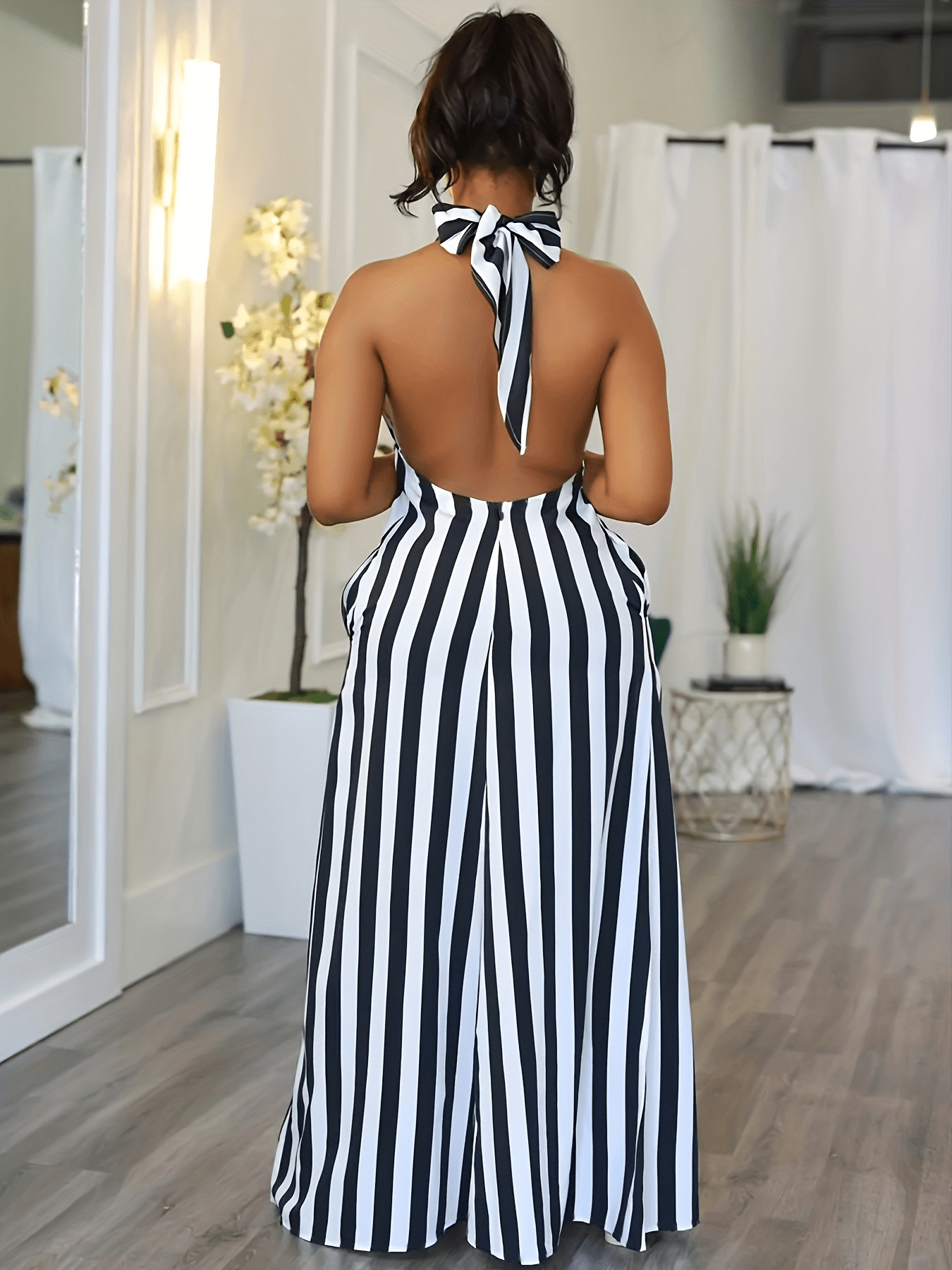 Striped V-neck Halter Dress, Sexy Backless Halter Dress For Spring & Summer, Women's Clothing