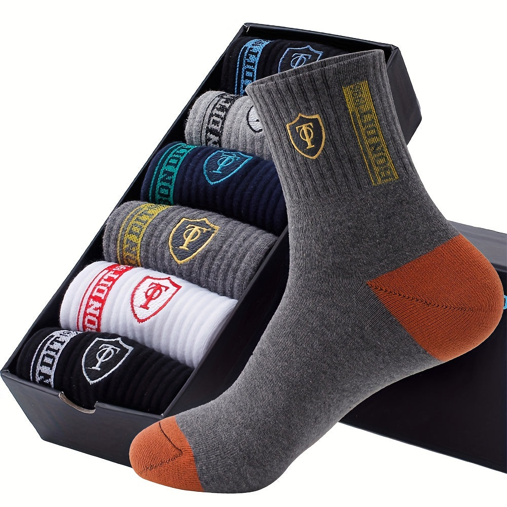6pcs LIJIE Men's Breathable Crew Socks - Casual Business Style with Letter Print, Comfortable Polyester & Spandex Blend, Hand Wash Only, Assorted Colors, Versatile Dress Socks|Logo Printed Socks|Comfortable Fit Socks