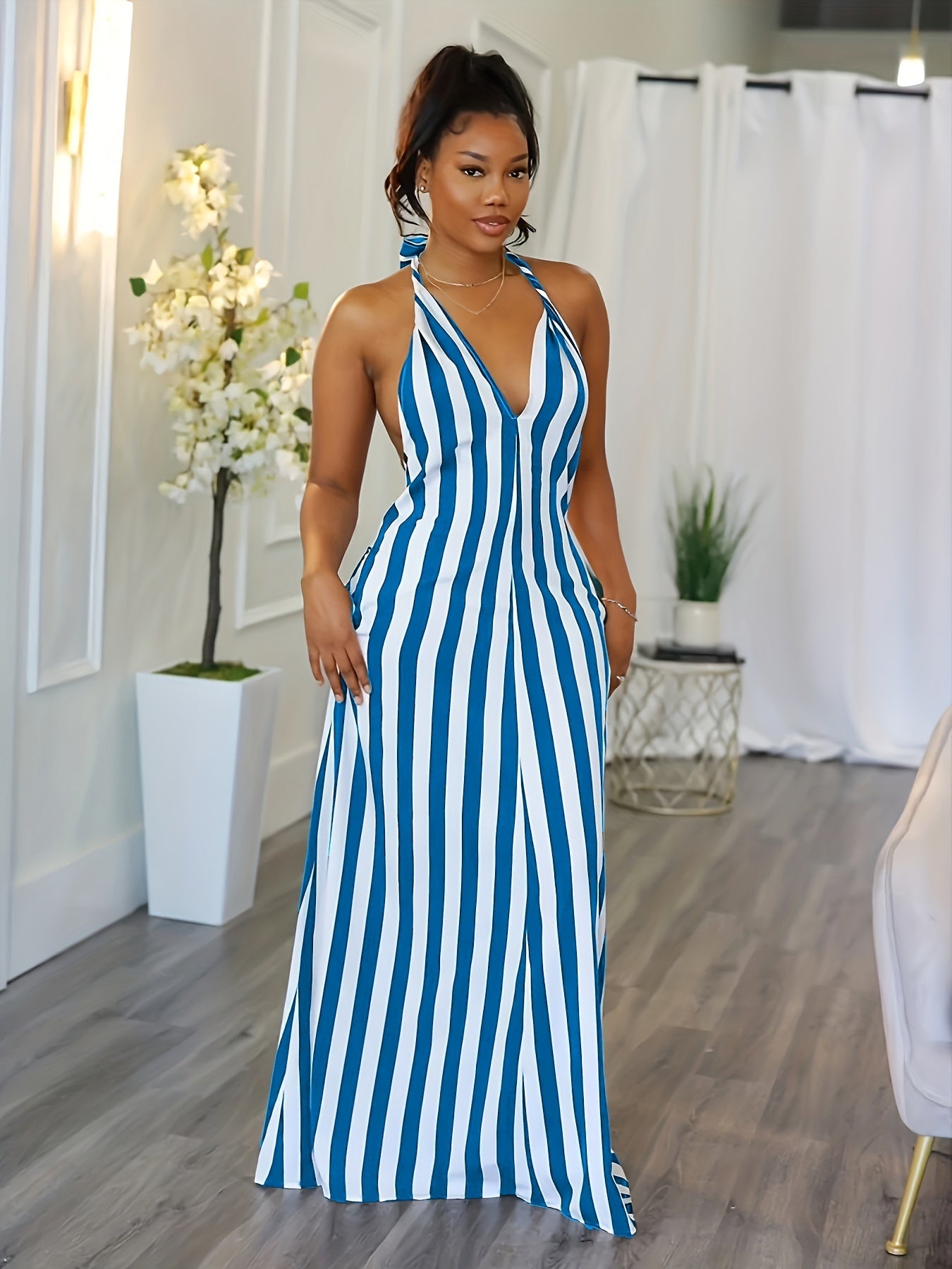 Striped V-neck Halter Dress, Sexy Backless Halter Dress For Spring & Summer, Women's Clothing
