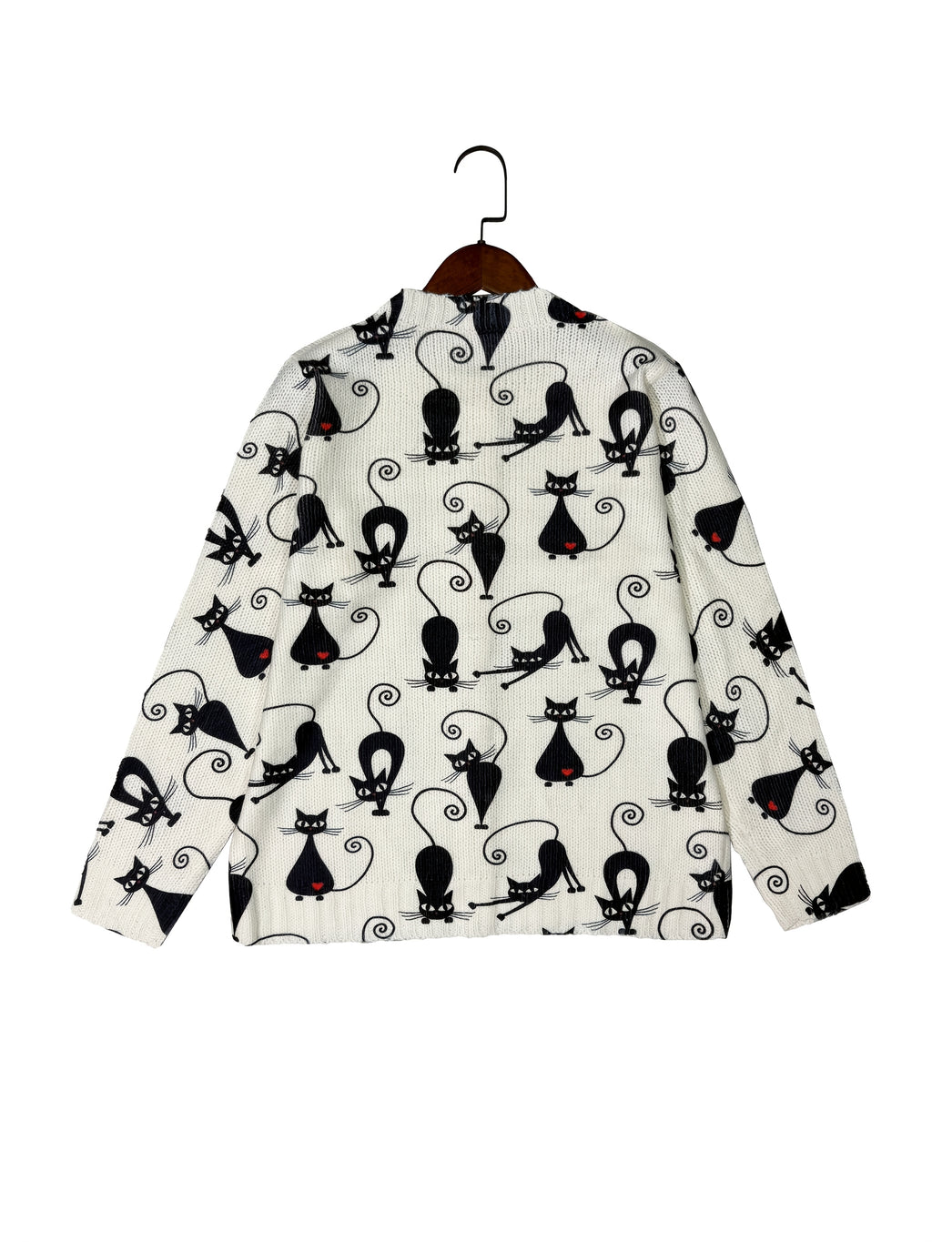 Women's Casual Cardigan Sweater - Black Cat & Red Gem Accents, Machine Washable Open Front Sweater for Everyday or Formal Outfits, Spring/Fall Layering Piece - Nina Women's Sweater, Spring Fall Apparel, Textured Knitwear