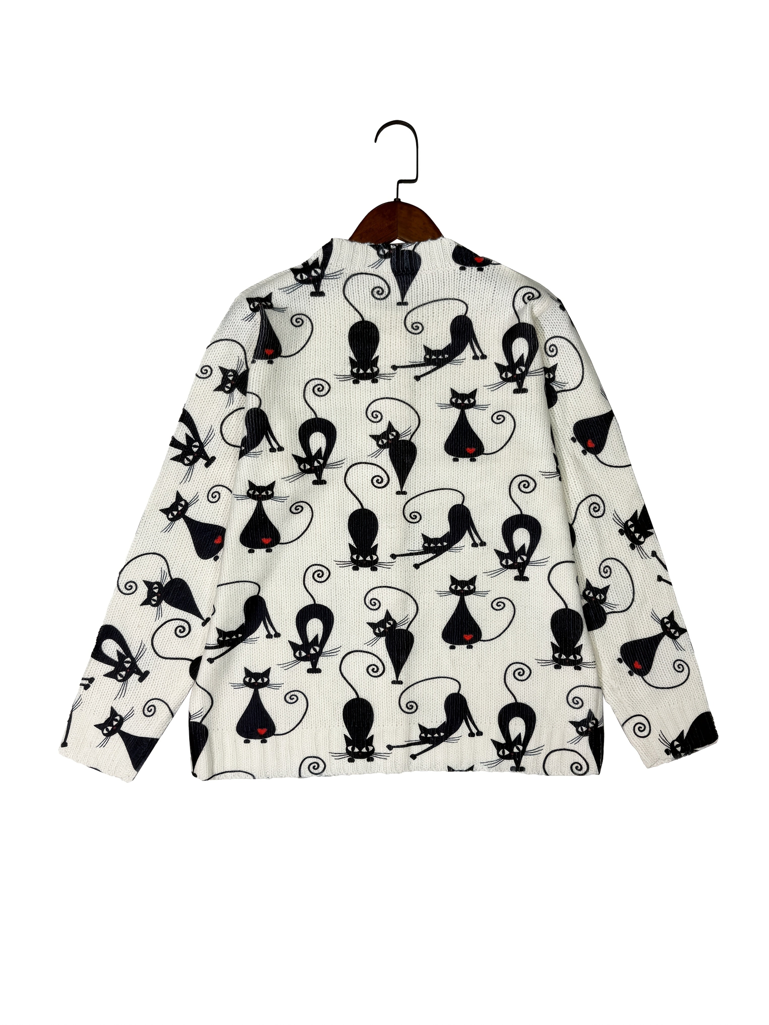 Women's Casual Cardigan Sweater - Black Cat & Red Gem Accents, Machine Washable Open Front Sweater for Everyday or Formal Outfits, Spring/Fall Layering Piece - Nina Women's Sweater, Spring Fall Apparel, Textured Knitwear