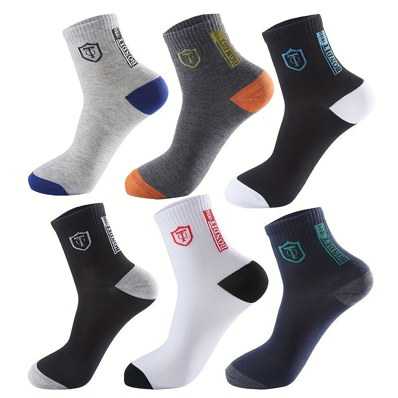 6pcs LIJIE Men's Breathable Crew Socks - Casual Business Style with Letter Print, Comfortable Polyester & Spandex Blend, Hand Wash Only, Assorted Colors, Versatile Dress Socks|Logo Printed Socks|Comfortable Fit Socks