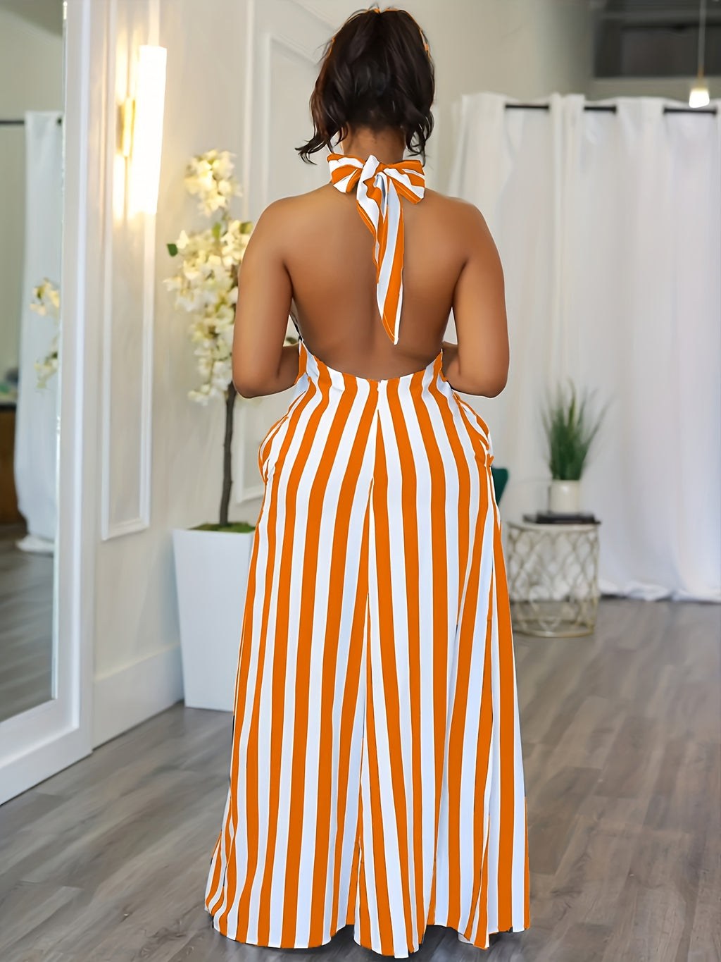 Striped V-neck Halter Dress, Sexy Backless Halter Dress For Spring & Summer, Women's Clothing