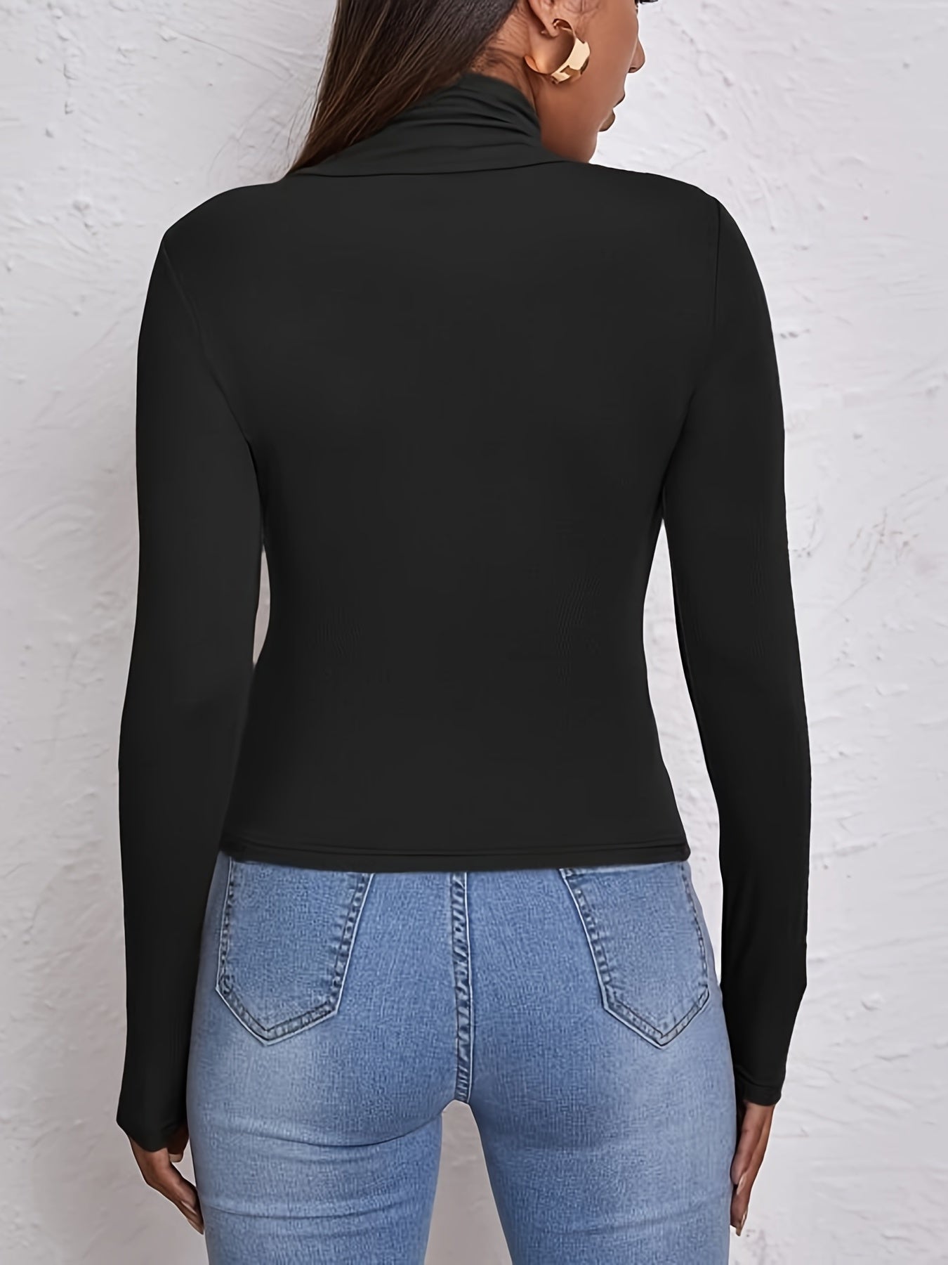 [Chic Crop Top] Stretchy Polyester Blend Women's High-Neck Long Sleeve Crop Top | Casual Chic Fit with Button Detail, Perfect for Fall/Winter, Minimalist Style